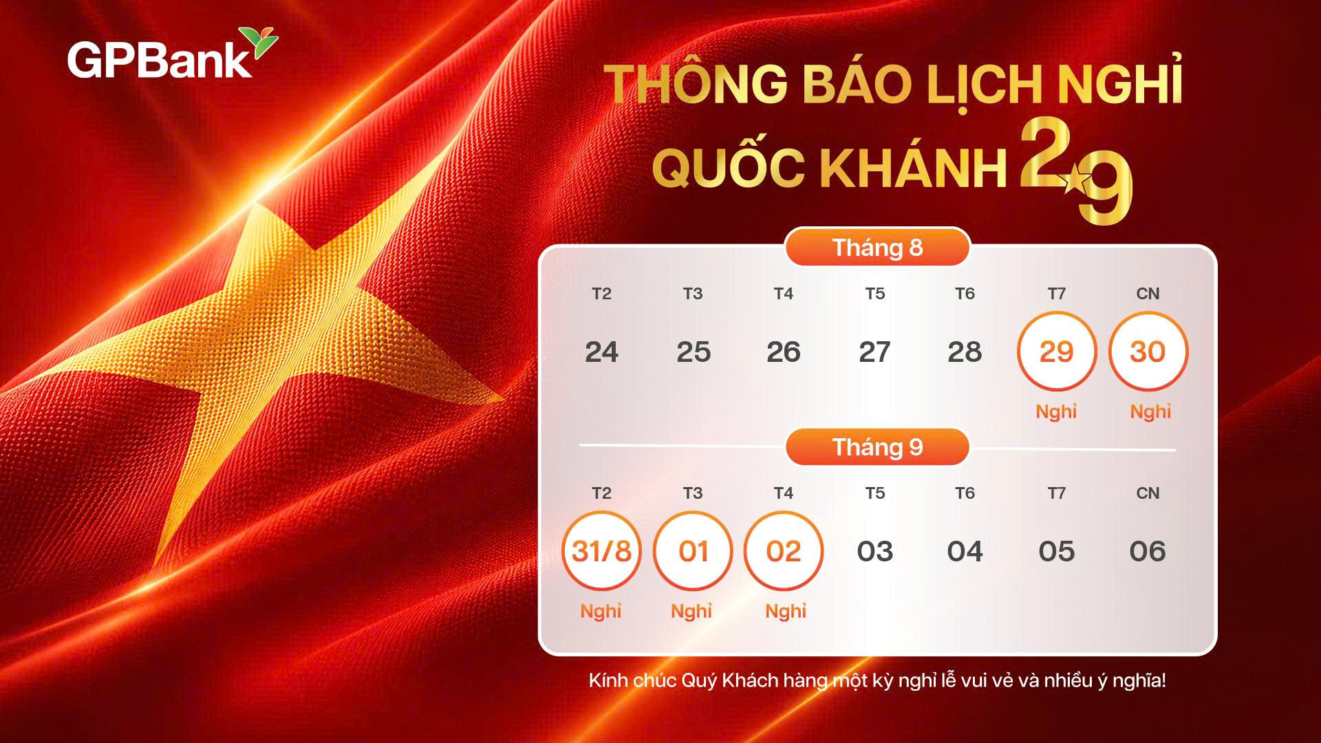 GPBank thông báo lịch nghỉ Lễ Quốc khánh 02/09/2026