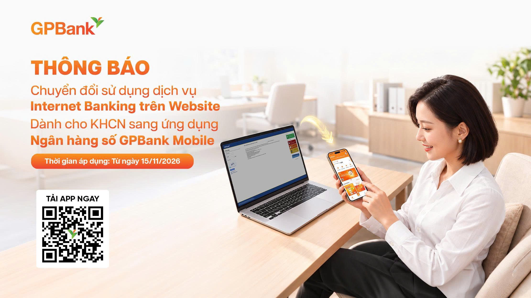 GPBank thông báo chuyển đổi sử dụng dịch vụ Internet Banking sang ứng dụng Ngân hàng số GPBank Mobile